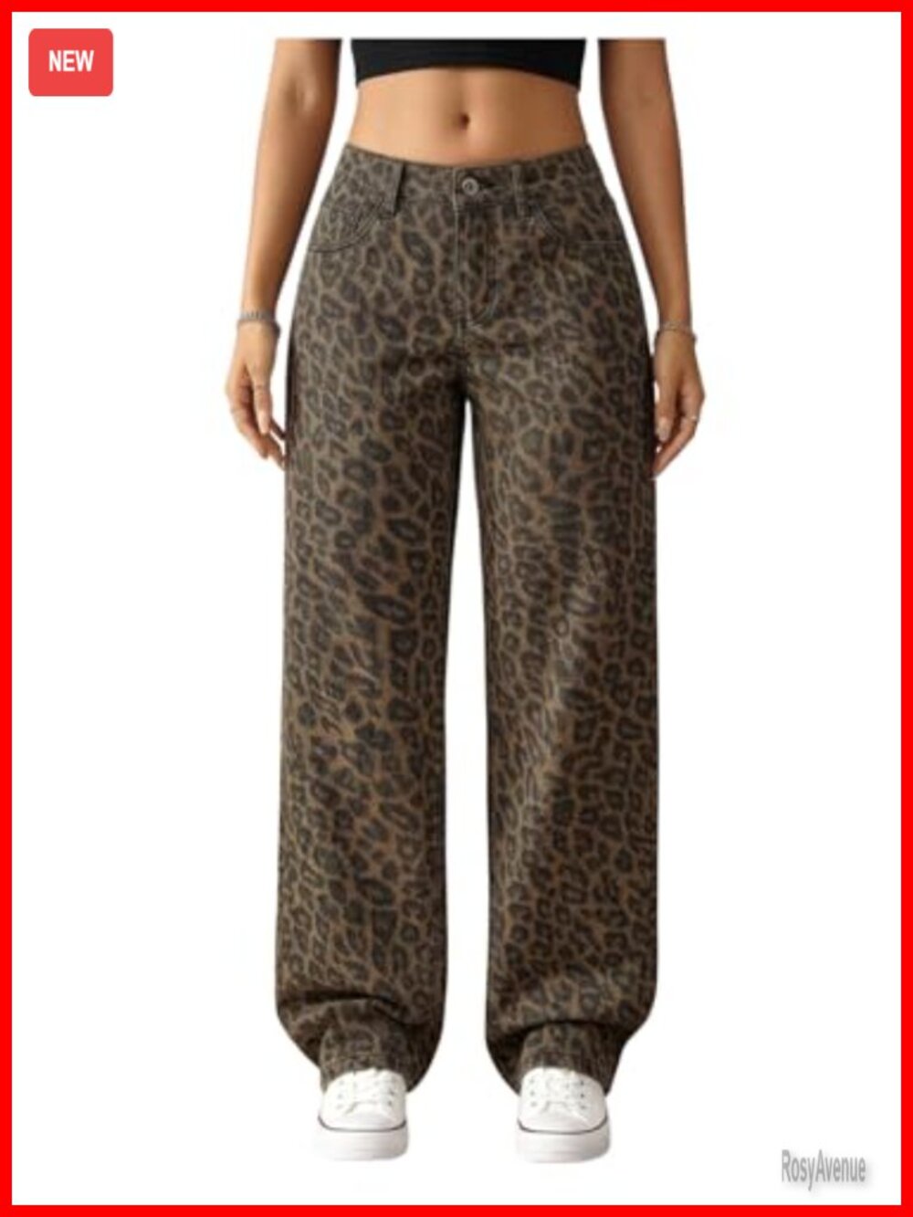 Women's Leopard Print Baggy Wide Leg Denim Jeans Low Rise Streetwear Y2K